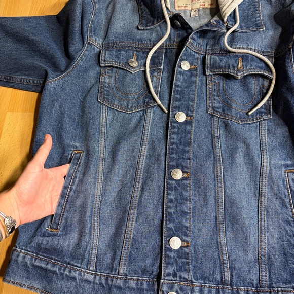True Religion Men’s Blue Denim Trucker Hoodie Jacket Large - Picture 5 of 11